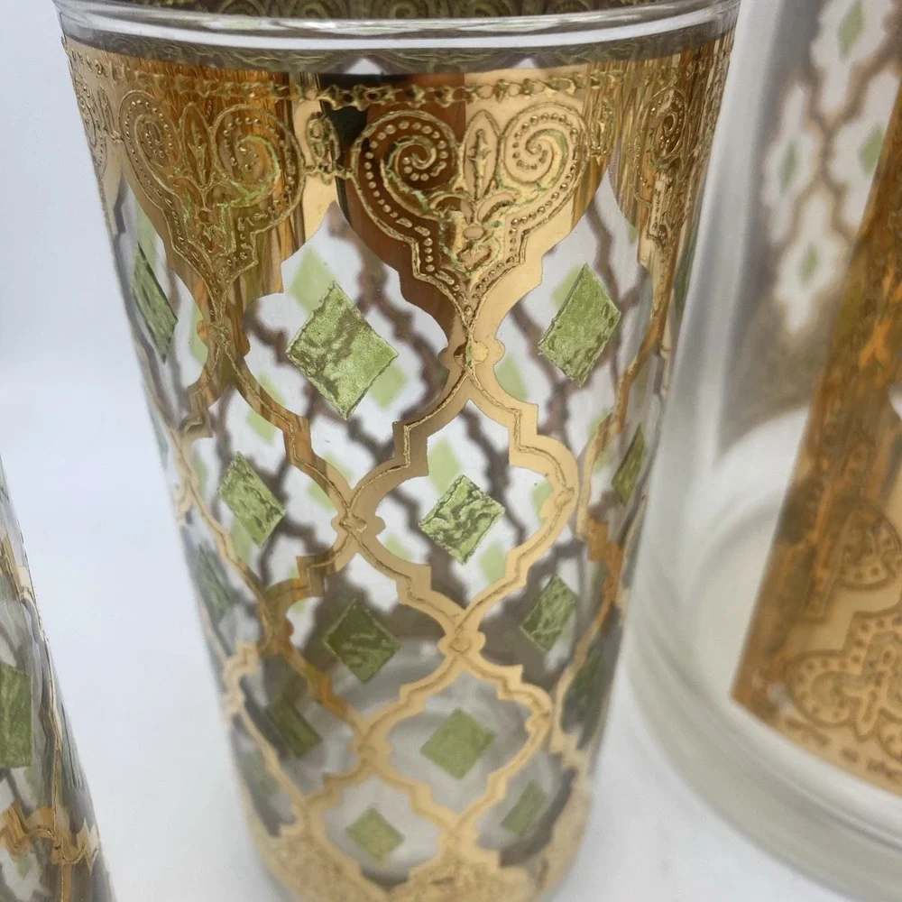 VTG MCM Culver Valencia  22k Gold Tumblers 5 Pc Glasses & Pitcher Barware Set